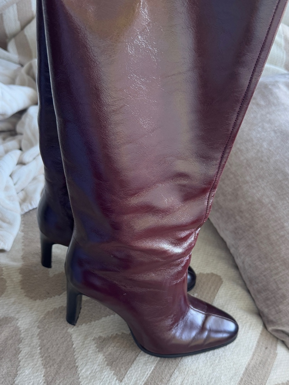 ZARA Leather Knee-High Heeled Boots in Burgundy - Picture 3 of 6